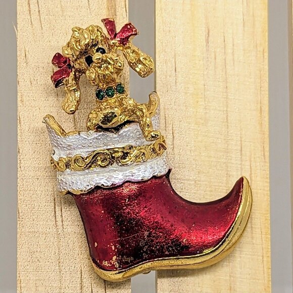Mylu Jewelry - Vintage Signed MYLU Christmas Stocking Brooch Poodle Dog Rhinestones Gold Tone